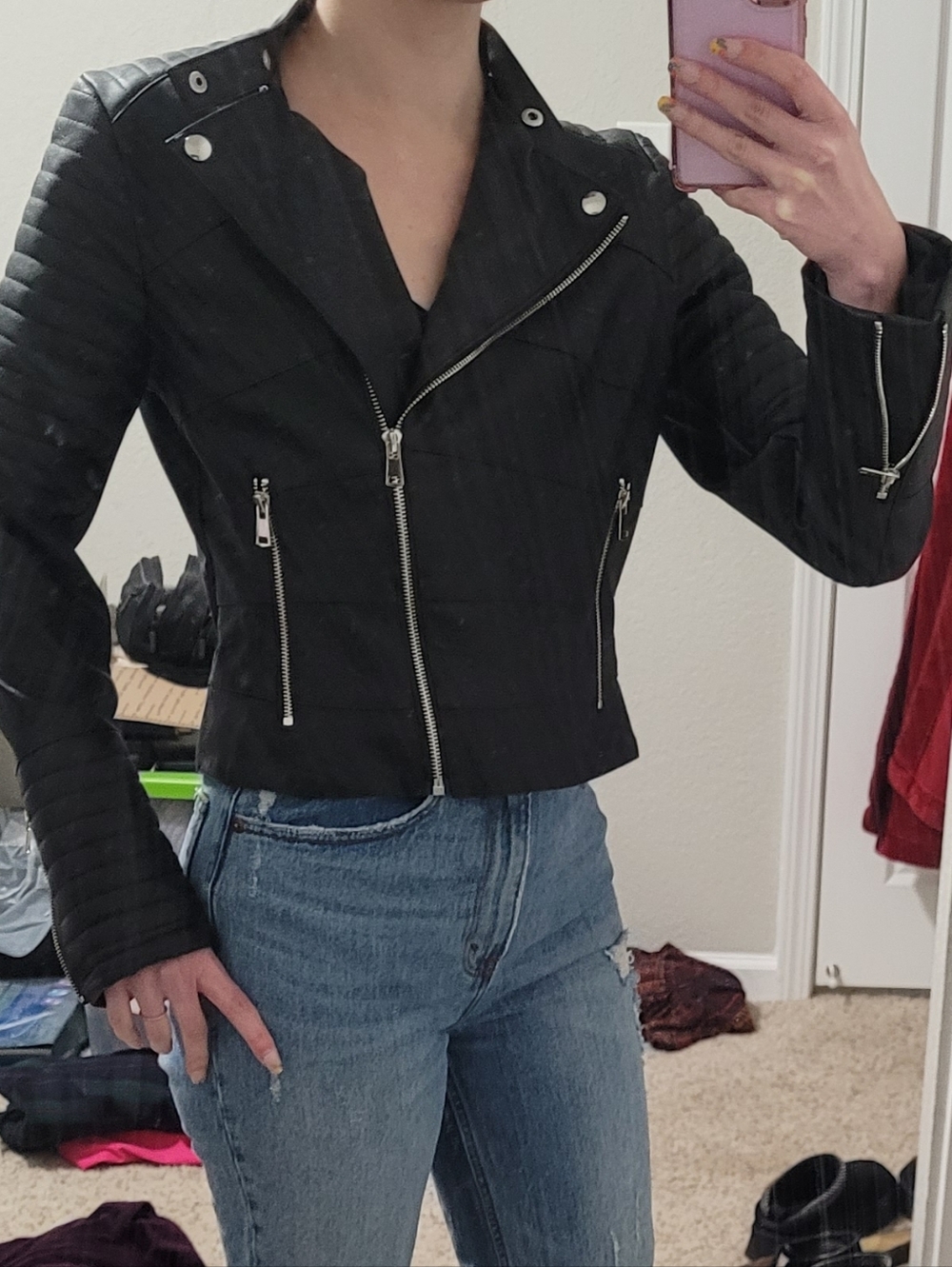 Black Quilted Pleather Moto Jacket - Zipper Detail